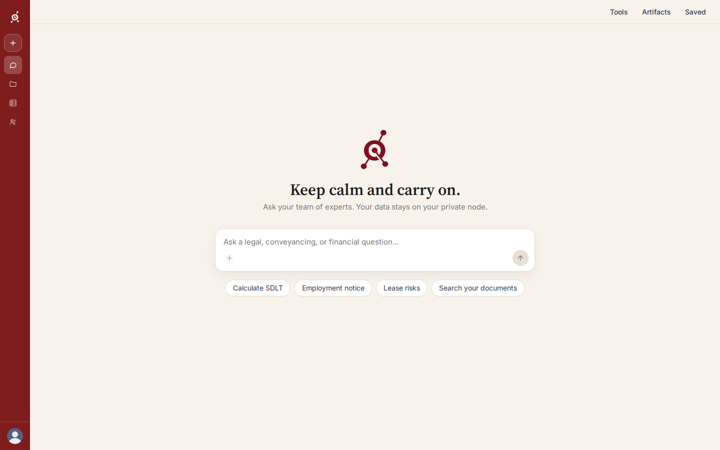 A white-labelled PrivateNode workspace home screen with suggested legal and conveyancing prompts