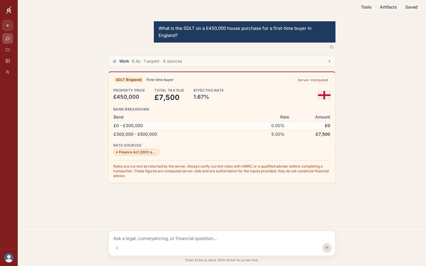 PrivateNode answering an SDLT question with a server-computed band breakdown and statutory rate sources