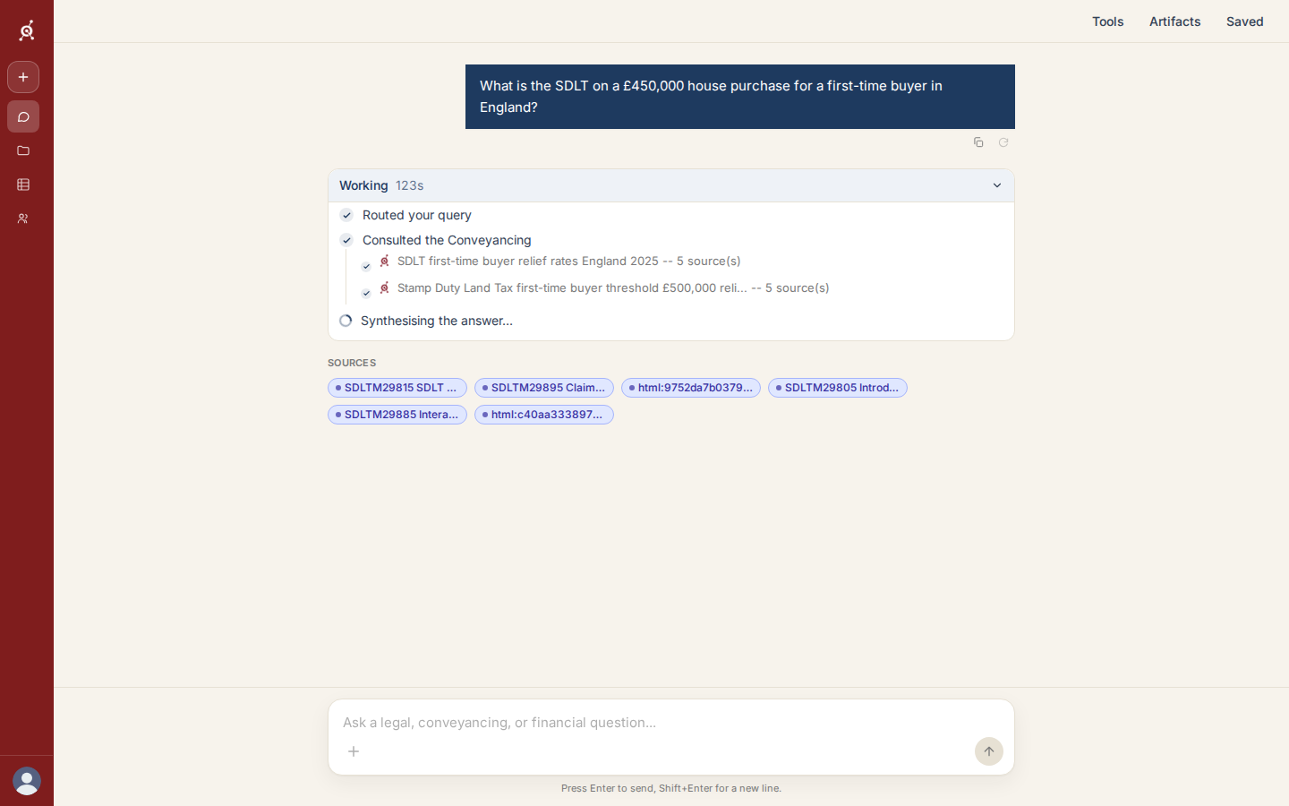 PrivateNode showing its working: routing the query, consulting the Conveyancing specialist and listing HMRC SDLT Manual sources